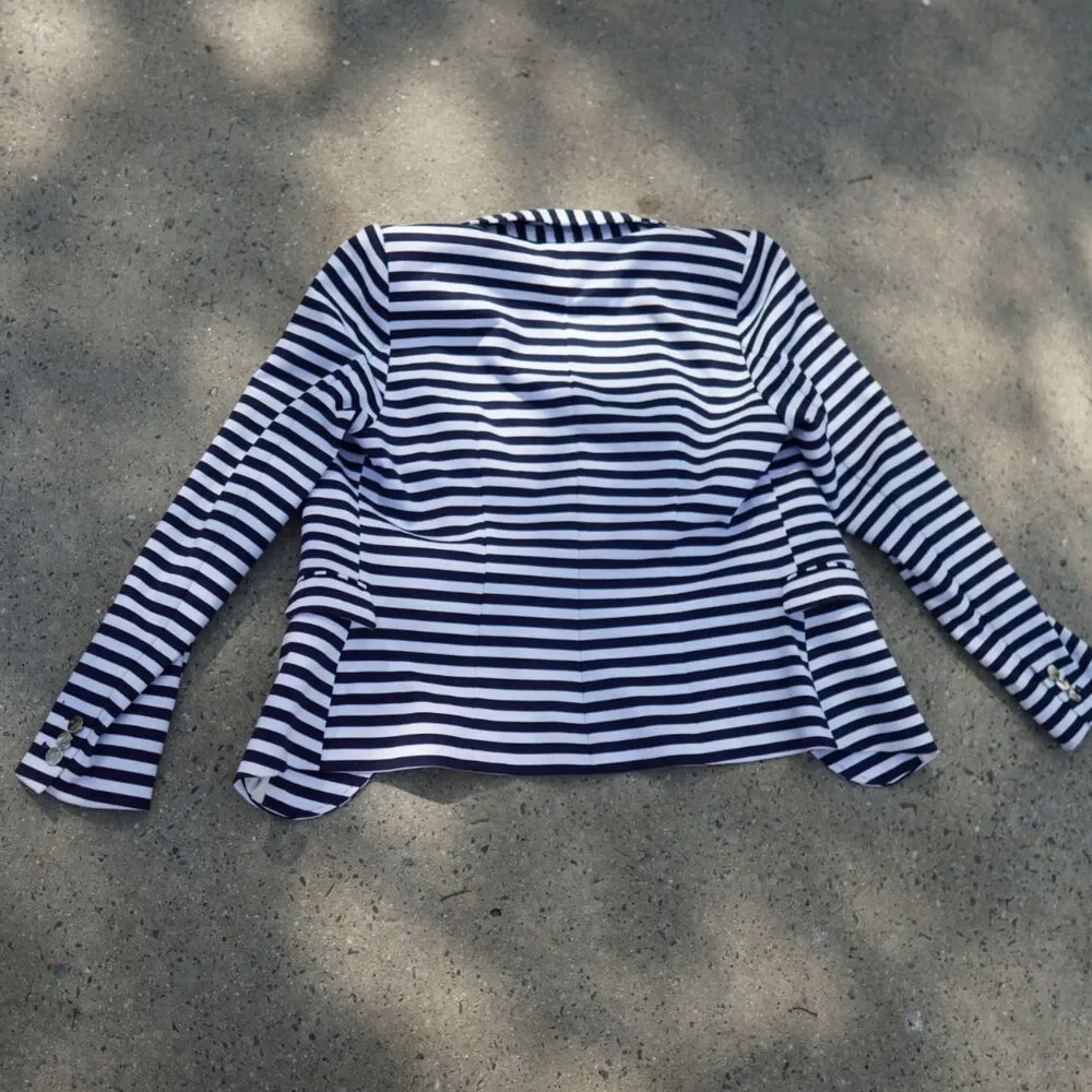 H&M Navy White Striped Blazer Gold Button Tailored Jacket Size 12 Preppy Work - Picture 11 of 15